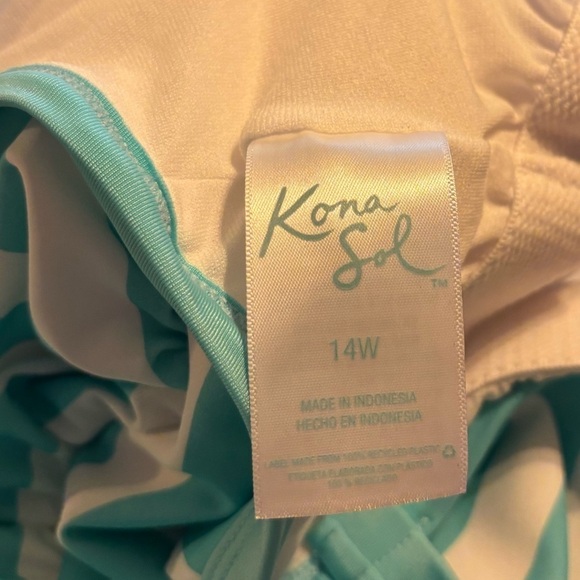 NEW Kona Sol Turquoise and White Striped One Piece Swimsuit Size 14W V Neck - Picture 3 of 11